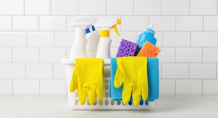 Cleaning Supplies for a Sparkling Home: An assortment of essential cleaning supplies, meticulously arranged within a convenient caddy.