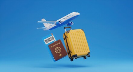 Ready for Takeoff: A vibrant image of an airplane soaring above a passport, ticket and suitcase, symbolizing the freedom and excitement of travel.