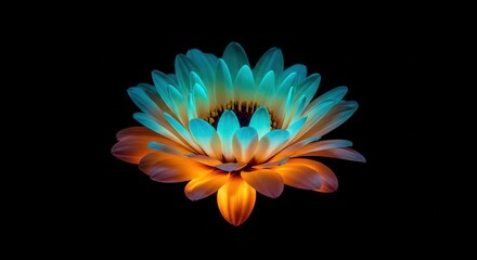 Illuminated Floral Art: An exquisite flower, its petals a captivating dance of teal and orange hues against the deep canvas of night, a testament to nature's artistry.