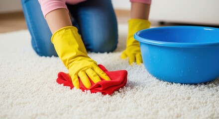 Carpet Cleaning: A diligent individual wearing yellow gloves meticulously cleans a fluffy carpet with a red cloth and a blue bucket. This scene evokes a sense of freshness and cleanliness.