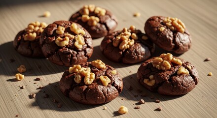 A close-up view of freshly baked chocolate walnut cookies scattered on a light wooden surface
