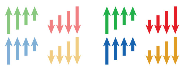 colorful rising and falling bar chart arrows, financial growth and decline symbol