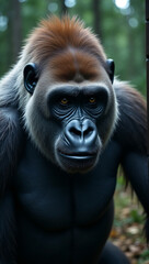 Fototapeta premium Powerful Silverback Gorilla in Defensive Stance with Clenched Fists in Jungle