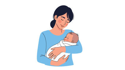 A mother holds her newborn baby wrapped in a blue blanket, beautiful vector illustration of maternal love and family bonding,eps