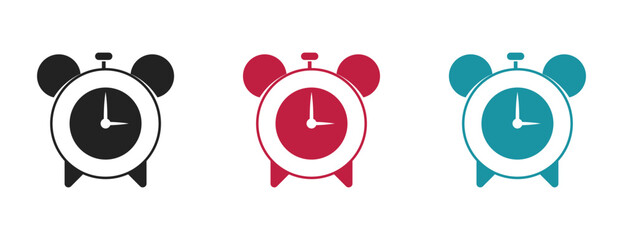 classic alarm clock icons in black pink and blue, time management and deadline