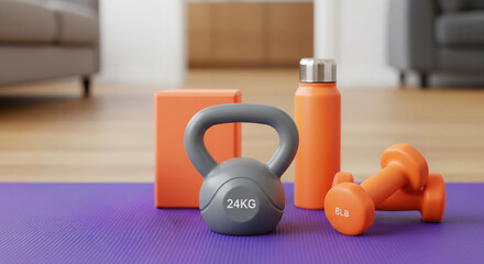 Home Workout Essentials: An array of fitness equipment essential for a home workout session. includes a kettlebell, a pair of dumbbells, water bottle and yoga block on the yoga mat.