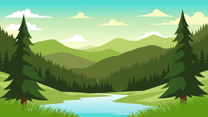 Fototapeta premium Beautiful Green Mountain Landscape with a River and Trees A Vector Illustration