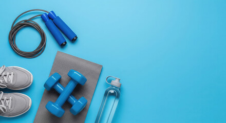 Fitness Essentials on Blue: A vibrant array of fitness equipment, from dumbbells to water bottle, neatly arranged on a solid backdrop, symbolizing health and wellness.