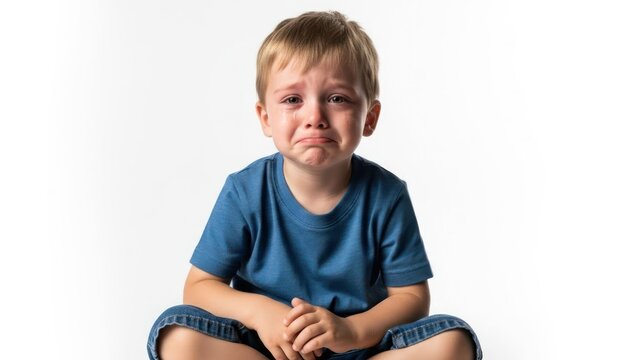 Young child seated, tears streaming down face against a white background