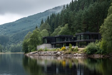 Fototapeta premium A contemporary house situated close to a serene lake, enveloped by lush forests, all set against a backdrop of majestic mountains under a cloudy sky during the day