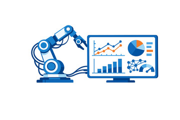 Robotic arm working with computer display showing graphs and data