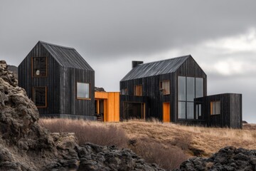 Naklejka premium Modern black house stands out in rocky terrain under cloudy sky, integrating nature with architecture in remote location