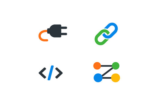 Icons showing plugins links code brackets and connection nodes for