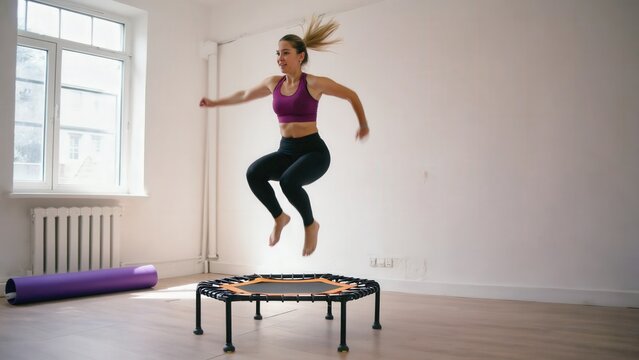 A young Caucasian woman with long brown hair jumps on a mini trampoline in a bright living room. The space is designed for home cardio workouts.