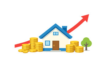 Visual representation of home investment growth with coins and upward