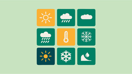 Weather and Climate Change Icon Set Featuring Meteorological Symbols, Atmospheric Conditions, and Environmental Forecasting Graphics