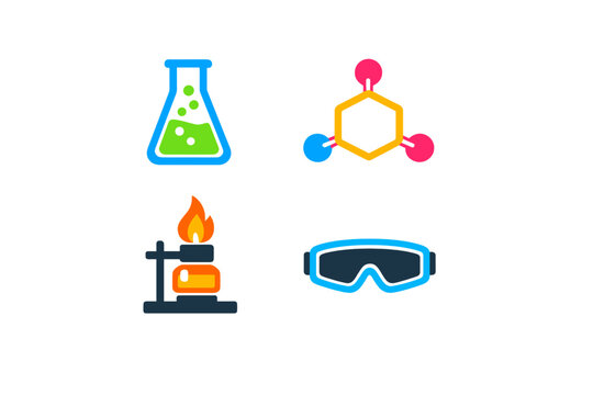 Science symbols showing a beaker chemical structure flame and safety