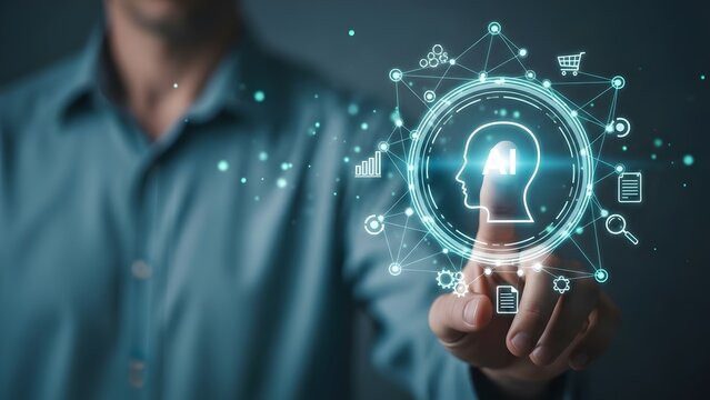A man in a blue shirt interacting with a futuristic digital interface with a human head icon and various symbols. - Powered by Adobe