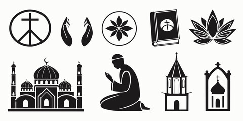 Religion and Spirituality Icon Collection Featuring Faith Symbols, Sacred Elements, and Cultural Belief Graphics in Vector Format