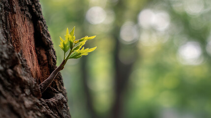 Obraz premium extending. A young, tender sprout extends from the sturdy trunk of an ancient tree in soft morning light. gardening catalogs, home-decor guides, designed for gardening and botanical catalogs. 