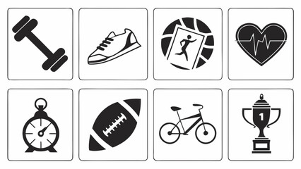 Fitness and Sports Icon Set Featuring Gym Equipment Symbols, Athletic Activity Graphics, and Healthy Lifestyle Elements for Workout Apps