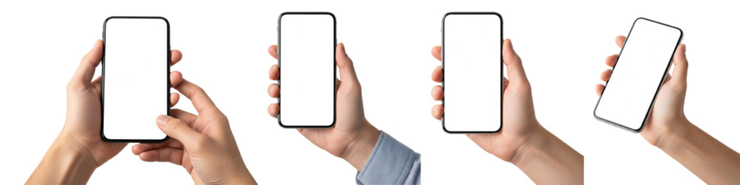 Set of hands holding smartphone with blank screen isolated on white background