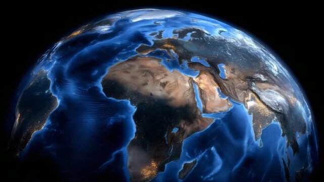 Earth world map panorama, flat view of the planet surface with oceans in deep blue and continents in natural terrain colors