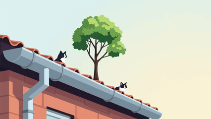 Obraz na płótnie Canvas Two black and white cats on a tiled roof with a tree