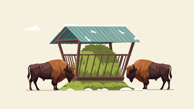 Two bison graze near a snow-covered hay feeder in a winter scene