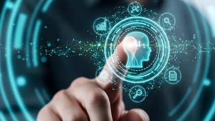A person interacts with a futuristic digital interface with a human head icon