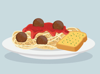 spaghetti pasta with red tomato sauce, four meatballs, and a slice of toasted garlic bread