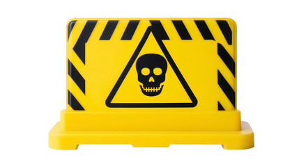 Yellow warning sign hazard symbol skull icon caution stripes plastic barrier safety alert danger isolated bold design attention grabbing