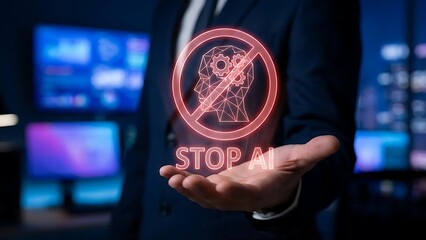 Businessman stopping cyber attack threat.