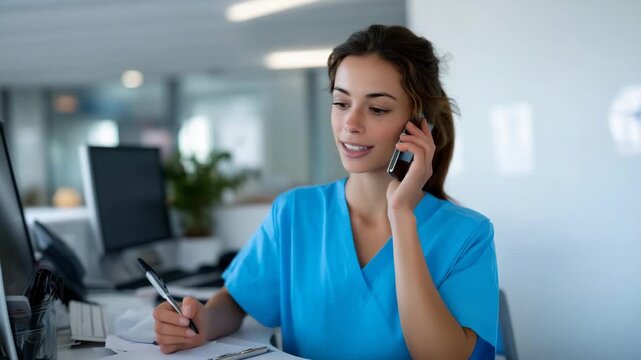 a young adult female medical receptionist in light blue scrubs sitting at a clinic reception desk, smiling naturally while answering 