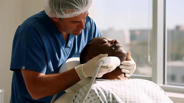 Male dermatologist applying radiofrequency skin tightening on a dark-skinned patient in a bright clinic, illustrating aesthetic facial treatment and men's skincare.