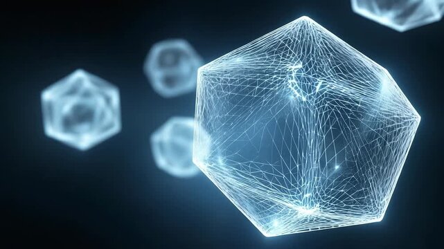 Futuristic Geometric Structures: A Visual Exploration of Hexagonal and Polyhedral Forms in a Soft Blue Light Against a Dark Background