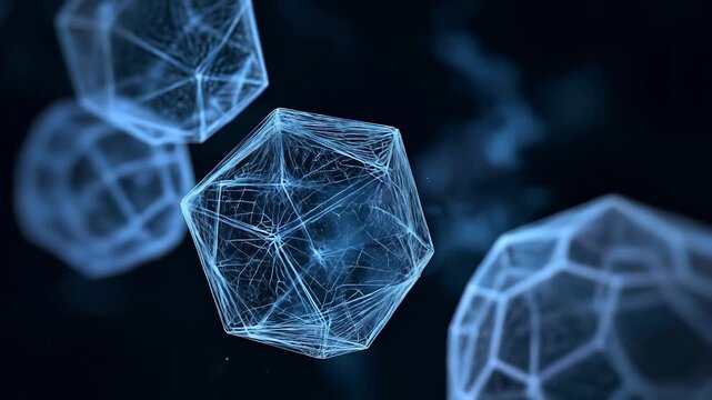Abstract representation of geometric shapes in blue tones, featuring intricate wireframe designs of polyhedra suspended in a digital space, conveying a modern technological aesthetic.