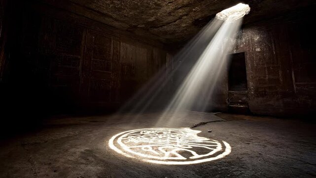 A Mysterious Ancient Room Illuminated by a Single Beam of Light with a Unique Symbol Projected onto the Dusty Floor