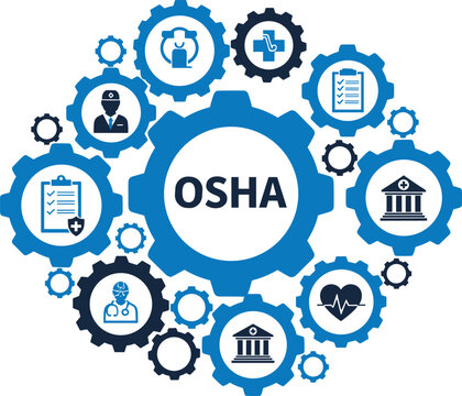 Flat vector conceptual illustration of OSHA occupational safety and health administration regulations integrated with healthcare and industrial gears