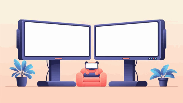 Two blank screens flank a plush armchair with a tiny screen