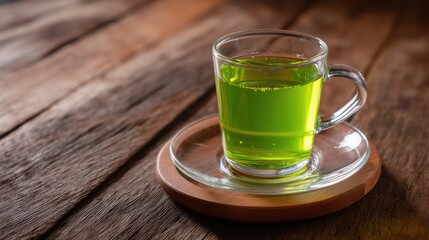 Refreshing Green Beverage in Clear Glass Cup on Wooden Surface with Rustic Background