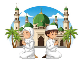 Children praying in front of a mosque isolated on transparent background