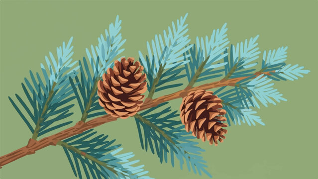 Two brown pine cones adorn a branch with blue-green needles on a muted green background