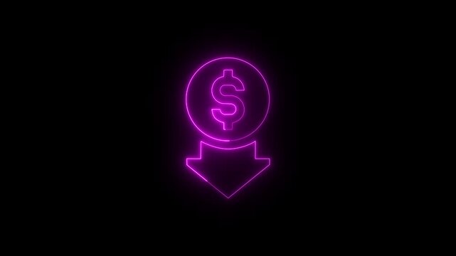 Neon cost reduction icon animation. Dollar down icon. Low price dollar concept. Cash with down arrow stocks graph, concept of financial crisis, market fall. Abstract neon glowing reduce-cost icon .