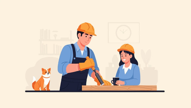 Two builders in hard hats working on wood with a dog nearby