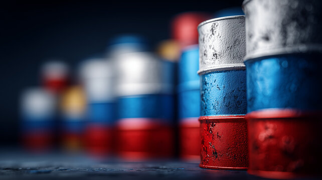 Barrels of Russian oil stacked in storage represent crude oil supply, energy markets, commodity trading, and global economic risk.