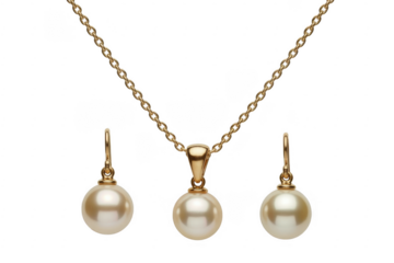 Pearl necklace and earrings set jewelry gold isolated on a transparent background