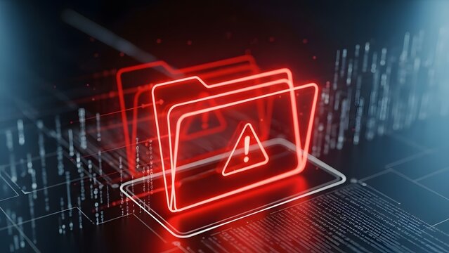 Multiple red digital folders with warning alert icons. Cybersecurity management and data risk assessment. Glowing file system showing a security breach on a dark background