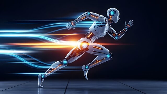 Humanoid robot running at high speed with light trails. Artificial intelligence performance and agility. Cyborg sprinter racing through a digital environment with motion blur