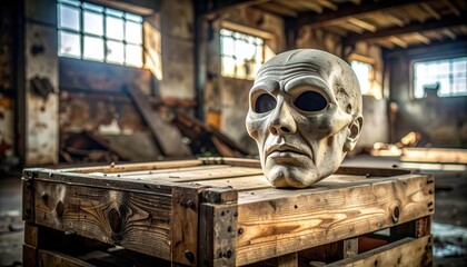 A Ghoulish Sculpted Head with Intricate Details Rests on a Wooden Crate in a Dusty, Abandoned Warehouse